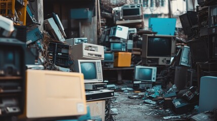 Wall Mural - Discarded electronics and e-waste in a recycling center, emphasizing the need for proper disposal.