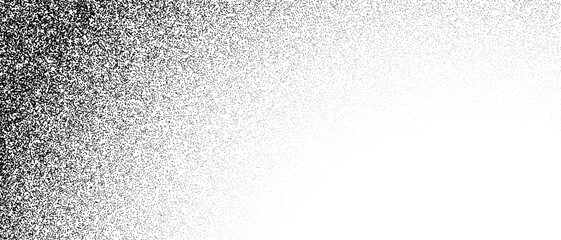 Wall Mural - Black stippled gradient texture. Grunge dotted noise background. Black gritty splattered sand overlay. Curved distressed sprayed dot work grain with specks, dust, dots, speckles. Vector halftone