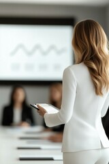 A professional woman, confidently presenting a business model to a group of interested investors in a sleek boardroom