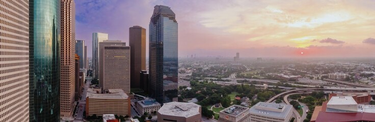 Skyscrapers in downtown Houston at sunset, Texas, United States of America.