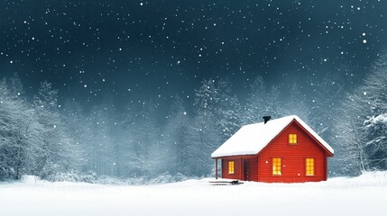 Snow-covered cabin in winter woods, flat design illustration