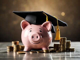 Piggy bank with coins and black graduation cap as a symbol of education loan