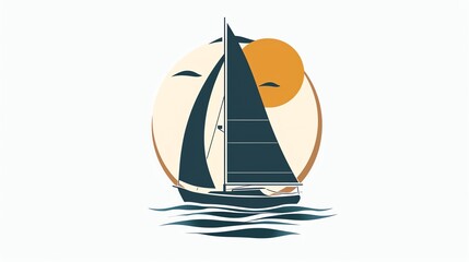 Wall Mural - A sailboat on the water, with a sun and birds behind it.