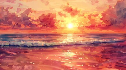 Wall Mural - A painted sunset over a calm ocean, with a tree in the foreground.