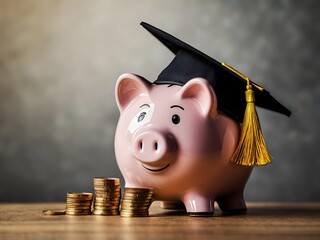 Piggy bank with coins and black graduation cap as a symbol of education loan