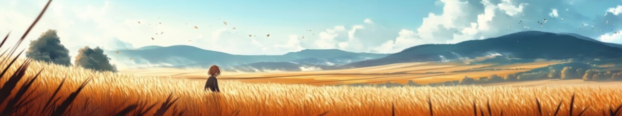 Autumn's Enchanted Hills: Anime-Style Wheat Fields in a Harvest Celebration, Ideal for Seasonal Art and Storybook Illustrations,anime-style,illustration,Picture BooksFor Poster,Novel,UI,WEB,Game,Desig