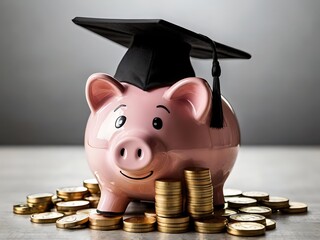 Piggy bank with coins and black graduation cap as a symbol of education loan