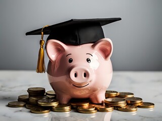 Piggy bank with coins and black graduation cap as a symbol of education loan