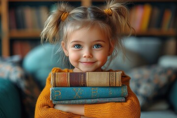 education and school concept - smiling little student girl with many books at school