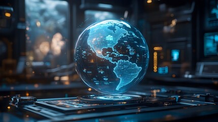Poster - futuristic 3d holographic globe search engine interface displaying real time global data and live se