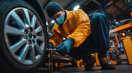 A mechanic in a yellow jumpsuit and a face mask works on a car's wheel in a garage.