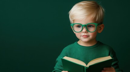 A young boy with glasses studies intently while holding an open book in a green environment