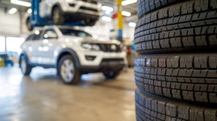 New tires are stacked in a busy garage with vehicles being serviced in the background