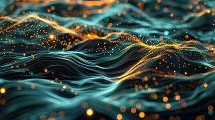 Fototapete - Dynamic abstract waves shimmer with glowing dots, creating an enchanting visual landscape filled with energy and movement