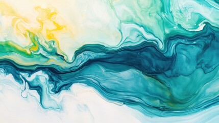 Poster - Swirling waves of green and blue create an abstract pattern with hints of yellow, evoking a sense of fluidity and movement