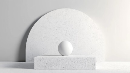 Poster - A round white backdrop and a pedestal support a simple white sphere in a calm, tranquil setting