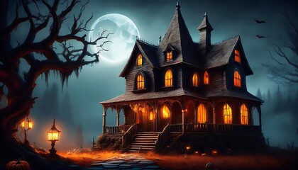 Sticker - halloween background,  Haunted House with space for text