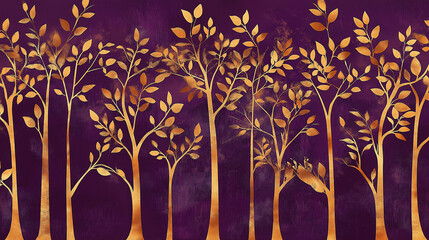 Aufkleber - Golden trees creating a luxurious and elegant forest on purple background