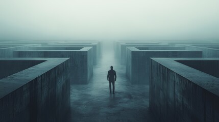A man in a business suit stands at the entrance to an endless maze, symbolizing difficulties and uncertainty.