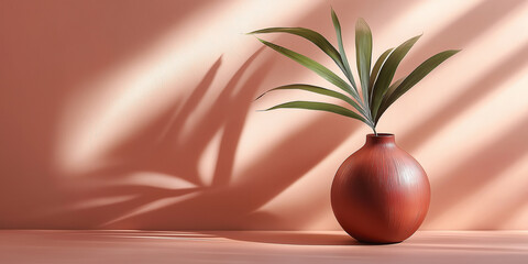 Aufkleber - Green leaf in a clay vase casting shadows on a peach wall