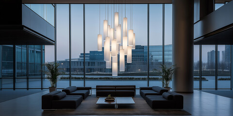 Poster - Modern office building lobby interior with big windows showing cityscape at twilight