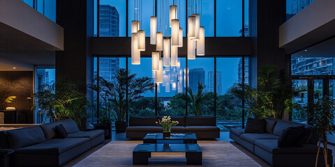 Poster - Modern open plan office interior design with cityscape view at dusk