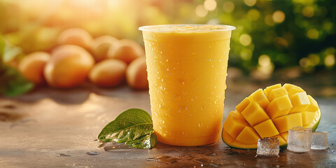 Poster - Cold mango smoothie surrounded by fresh mango cubes and ice cubes