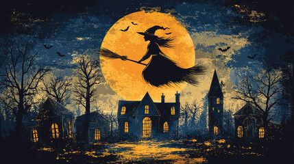 Wall Mural - Witch flying on a broom over a spooky village on halloween night