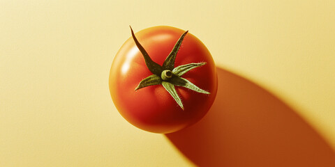 Poster - One ripe red tomato casting a shadow on yellow background