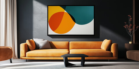 Poster - Modern living room interior with abstract painting showing sunlight casting shadows