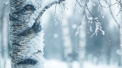 A close-up of a birch tree trunk covered in snow with branches covered in ice and snowflakes falling in the background.