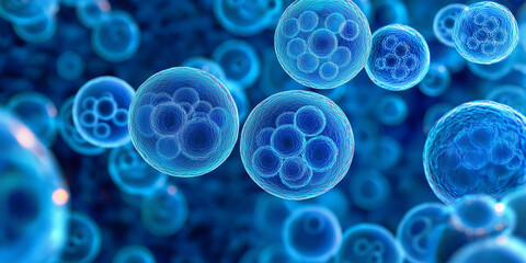 Poster - Blue cells floating in an organic motion evoking biological processes