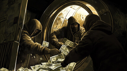 Fototapete - Bank robbers stealing money from bank vault