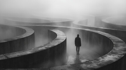 A man in a business suit stands at the entrance to an endless maze, symbolizing difficulties and uncertainty.