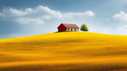 Wall Mural - Bright Red and Yellow Fields with a Small House on a Hill