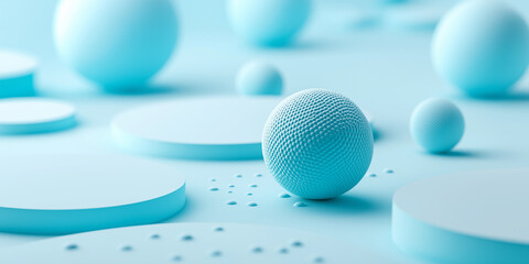 Poster - Blue textured sphere rolling between geometric shapes minimalist abstract background