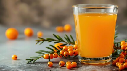 Wall Mural - A glass of bright orange juice sits on a grey surface with a sprig of sea buckthorn berries and a few individual berries scattered around it.