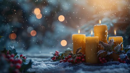 Lit candles surrounded by holly and berries in a snowy winter setting, creating a festive and cozy holiday atmosphere.