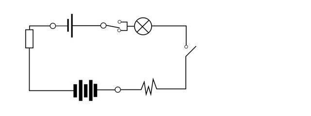 Poster - Vector black line electrical diagram with lamp resistance switch and battery cell isolate on white background
