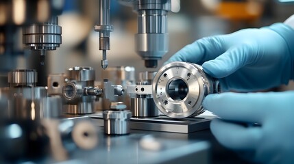 Poster - Technician Carefully Measuring Parts with Calipers for Inspection in Industrial Manufacturing