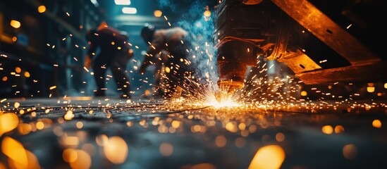 Sparks Fly as Workers Weld Metal in a Factory