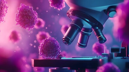 Poster - microscope examining viral molecules and cellular structures in scientific laboratory research