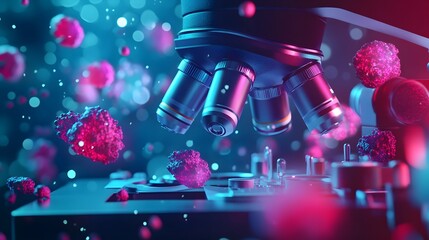 Poster - microscope examining colorful viral or molecular structures in scientific laboratory