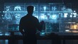 © pisan thailand - Silhouetted Figure Interacting with Futuristic Digital Dashboard Screens and Controls