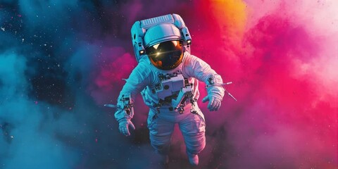 Wall Mural - an astronaut covered in beautiful colored smoke. seamless looping time-lapse virtual 4k video Animation Background.