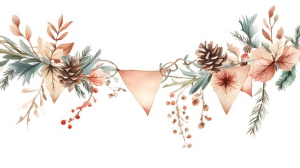  Boho Christmas Bunting Clipart with Natural Materials and Watercolor