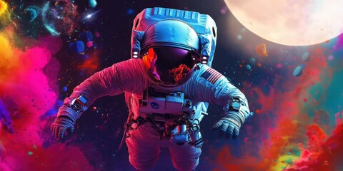 Wall Mural - an astronaut who flies beautifully in outer space. seamless looping time-lapse virtual 4k video Animation Background.