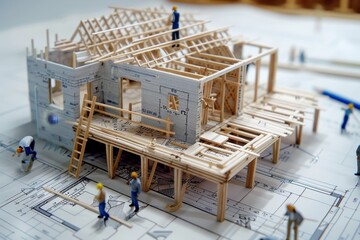 Aufkleber - Miniature Wooden House Model with Miniature Workers