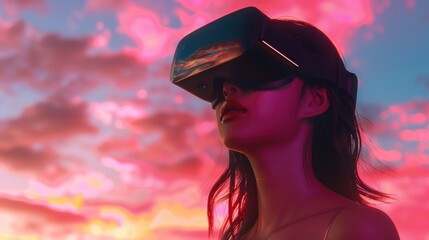 Poster - An alluring portrait of a young woman wearing sleek, black VR glasses, set against a dreamy, pastel-hued sky