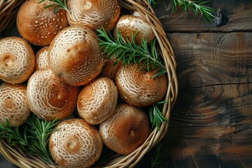 Forest Bounty: Fresh Boletus Edulis Mushrooms with Herbs in an Old Bowl on Dark Brown Table